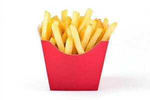 Delicious french potato fries in a red carton package box isolated on white background photo