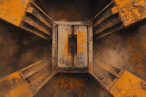 top-down view of a rusted metal texture featuring layers of rust and dust in an orange-brown color palette photo