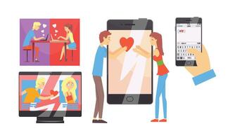 People Using Website or Mobile Application for Dating or Searching for Romantic Partner Set, Virtual Relationships, Social Networking Illustration vector