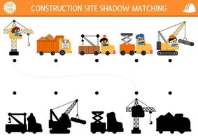 Construction site shadow matching activity with special transport, vehicles. Building works puzzle with lifting crane, truck, evacuator. Find correct silhouette printable worksheet or game for kids vector