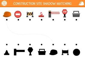 Construction site shadow matching activity with traditional symbols. Building works puzzle with barrier, helmet, road, sign, tool box. Find correct silhouette printable worksheet or game for kids vector
