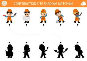 Construction site shadow matching activity with workers. Building works puzzle with builder, painter, engineer, architect in hard hats. Find correct silhouette printable worksheet or game for kids vector