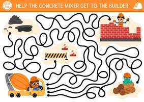 Construction site maze for kids with industrial concept. Help the concrete mixer go to worker building brick house. Building works preschool printable activity. Repair service labyrinth game, puzzle vector