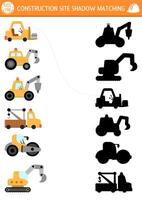 Construction site shadow matching activity with special transport, vehicles. Building works puzzle with roller, digger, excavator, bulldozer. Find correct silhouette printable worksheet or game vector