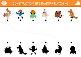 Construction site shadow matching activity with animal and bird workers in hard hats. Building works puzzle with funny builders. Find correct silhouette printable worksheet or game for kids vector