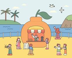Cute flat illustration of a Hallabong juice stand by the beach in Jeju Island, with tourists enjoying drinks and seaside scenery. vector