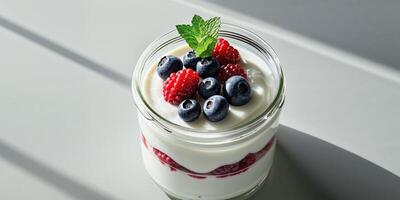 A glass jar with yogurt and berries photo