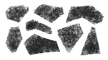 Set of abstract geometric shapes drawn with crayon. Doodle contemporary figures. Pencil shading texture, illustration vector