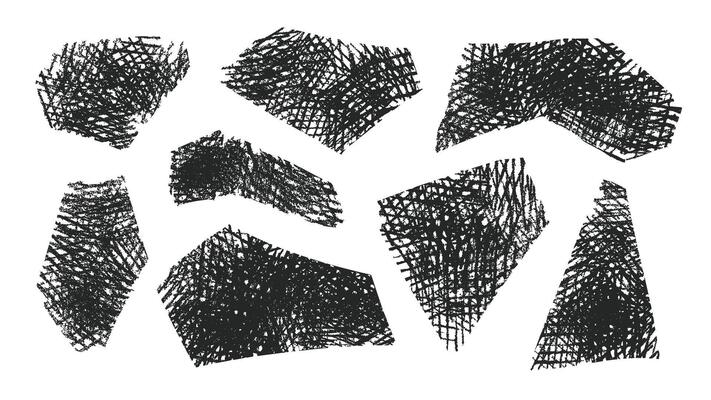 Set of abstract geometric shapes drawn with crayon. Doodle contemporary figures. Pencil shading texture, illustration