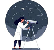 Female astronomer using telescope to observe stars and constellations at night illustration vector
