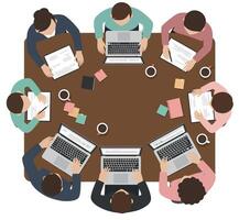 Group of diverse people working with laptops and documents around table teamwork collaboration vector