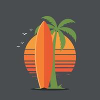 Surfboard and palm tree with sunset background summer beach illustration vector