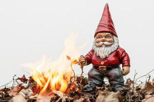 A gnome is standing in front of a fire, holding a leaf in his hand photo