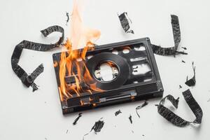 A black cassette tape is on fire and has been ripped apart photo