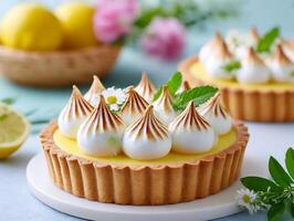 Delicious lemon meringue tart garnished with fresh mint and edible flowers in a bright kitchen setting during daylight photo