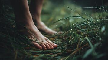 Bare feet standing on wet grass during a serene moment, capturing nature's freshness and tranquility on a rainy day photo