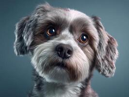 Cute small dog with fluffy fur gazes attentively. Its round eyes are vibrant and expressive, framed by long ears. The dog's face shows curiosity and alertness, creating an endearing look photo