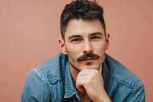 Casual man with short dark hair and mustache rests chin on hand wearing denim shirt, gazing forward with neutral expression and blurred warm-toned background photo