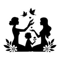silhouette of mother and child with butterflies vector