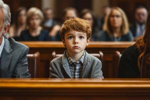 Parents argue over child custody in emotional courtroom as young son sits anxiously between them photo