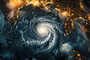 Aerial view of a powerful hurricane storm swirling over the Gulf Coast during nighttime, showcasing dramatic cloud formations and city lights photo