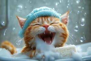 A cheerful cat in a shower cap joyfully washes itself with a sponge surrounded by foam and flying soap bubbles photo