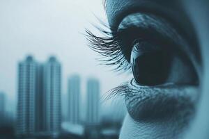 A close up of a woman's eye with city buildings in the background photo