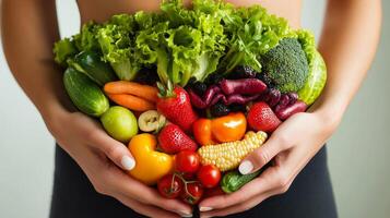 Colorful assortment of fresh vegetables held in hands showcasing healthy eating at home in a bright kitchen photo