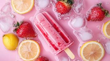 Colorful fruit popsicle surrounded by ice and fresh strawberries and lemons on a pink background photo