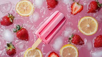 Refreshing pink popsicle surrounded by strawberry and lemon slices on a pink icy backdrop photo