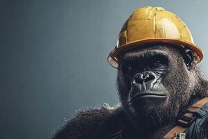 A gorilla wearing a hard hat and holding a tool photo