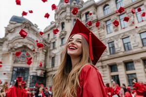 A woman in a red graduation gown and cap is surrounded by red confetti photo