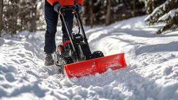 Homeowner operates a compact snowblower to create a clear path through fresh snow in winter weather photo