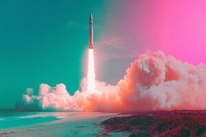 A vibrant rocket launching into a clear sky above a serene beach at sunset, creating a spectacular visual display of colors and smoke photo