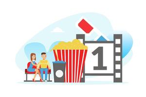 Tiny People Visiting Movie Theatre, Couple Wearing 3d Glasses Watching Movie with Huge Bucket of Popcorn and Soda Drink Cartoon Illustration vector