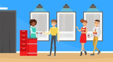 People Going to the Cinema with Popcorn, Visitors Buying Cinema Tickets at Service Ticket Counter Cartoon Illustration vector