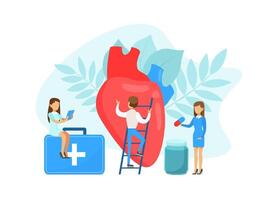 Tiny Team of Doctors Examining and Treating Huge Human Heart, Medical Stuff Examining Internal Organ and Making Diagnosis Flat Illustration vector