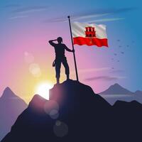 Gibraltar flag raised on mountain peak with purplish yellow sunset background vector
