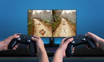 Two players using gamepads, playing a game on a computer with a split-screen display. Great for showcasing multiplayer gaming experiences photo