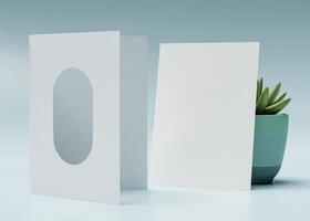 An invitation card with an arch-shaped hole, perfect for wedding invitation mockups and more. photo