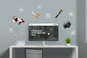 Web design studio with flying tools and web page icons around computer display featuring concept agency page. Creative illustration of digital workspace photo