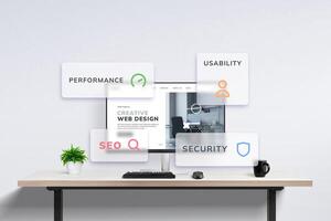 Modern office desk with computer displaying web design agency concept, floating windows highlight web page performance, usability, SEO, and security. Web design principles visualized photo