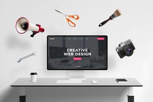 Web design studio page on display with flying concept web tools, megaphone, scissors, brush, photo camera, wrench key. Creative digital workspace visualized