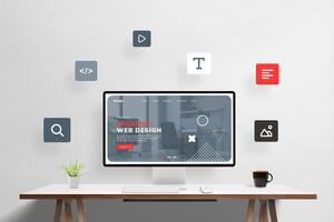 Creative web design studio illustration. Computer display with modern webpage, surrounded by flying icons of web design elements. Modern digital design concept visualized photo
