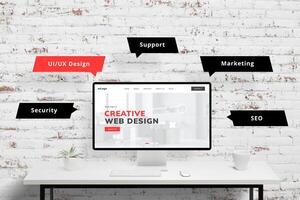 Creative web design agency page with UI, UX design, support, marketing, SEO, security elements flying around. Agency concept presentation visualized in modern style photo