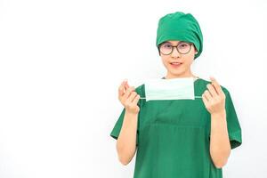 Portrait of young Asian nurse in surgeon uniform, prepare to wearing a surgical mask for protection from inhaling airborne bacteria or virus disease. photo