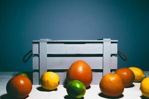 Citrus Fruits Wooden Crate Display photo