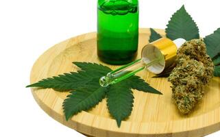 Cannabis flower buds with green dropper bottle and green leaf on a wooden plate on white isolated background, Scientists research CBD and THC extract oil from marijuana in pharmaceutical industry. photo
