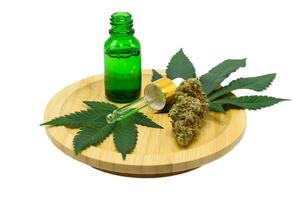 Cannabis flower buds with green dropper bottle and green leaf on a wooden plate on white isolated background, Scientists research CBD and THC extract oil from marijuana in pharmaceutical industry. photo