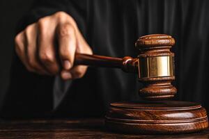 Law topic, judge's gavel or mallet, law enforcement personnel, evidence-based cases considered in court regarding business, legislation photo